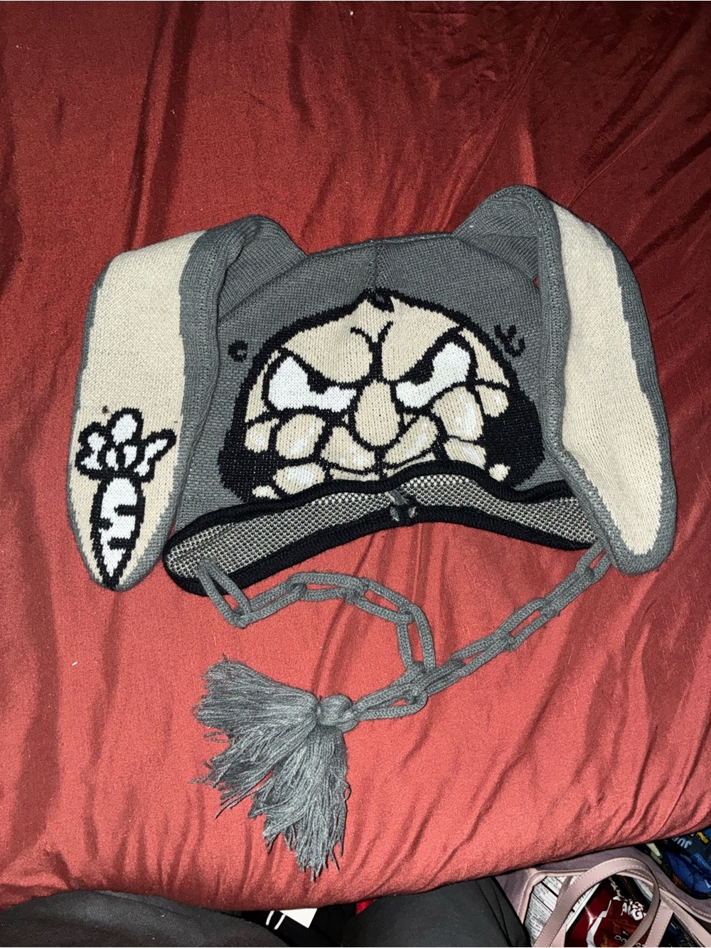 Gray Kids Earflap Beanie Hat with Cartoon Face